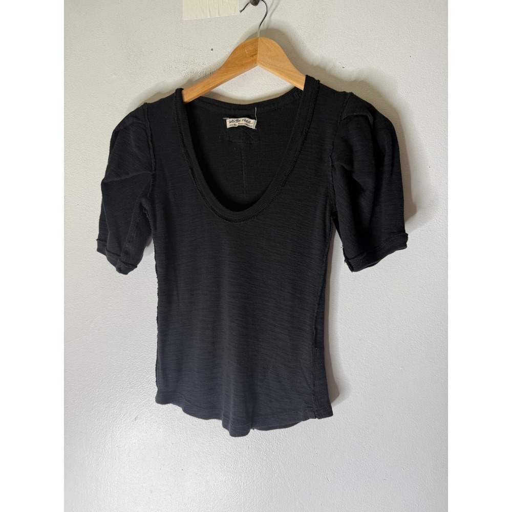 Free People Ellery Size XS Scoop Neck Shirt Pleated Short Puff Sleeve Blouse Top